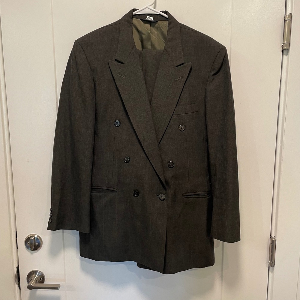 Kuppenheimer Double Breasted Wool Blazer Charcoal Olive Gray Pinstripe 42R